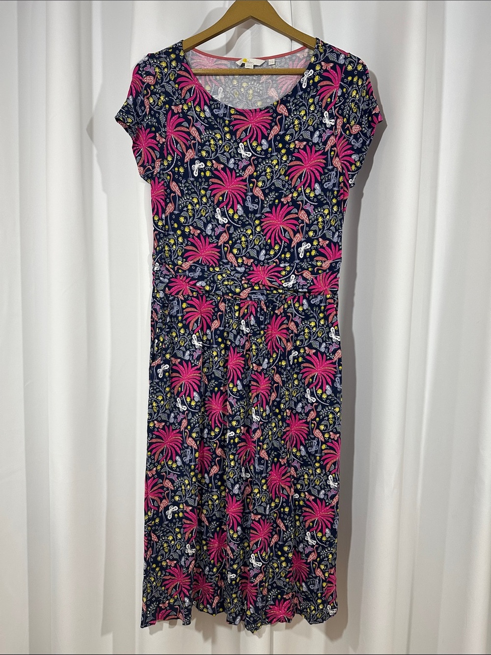 Boden Tropical Floral Jersey Midi Dress Size 10L Pink Navy Stretch